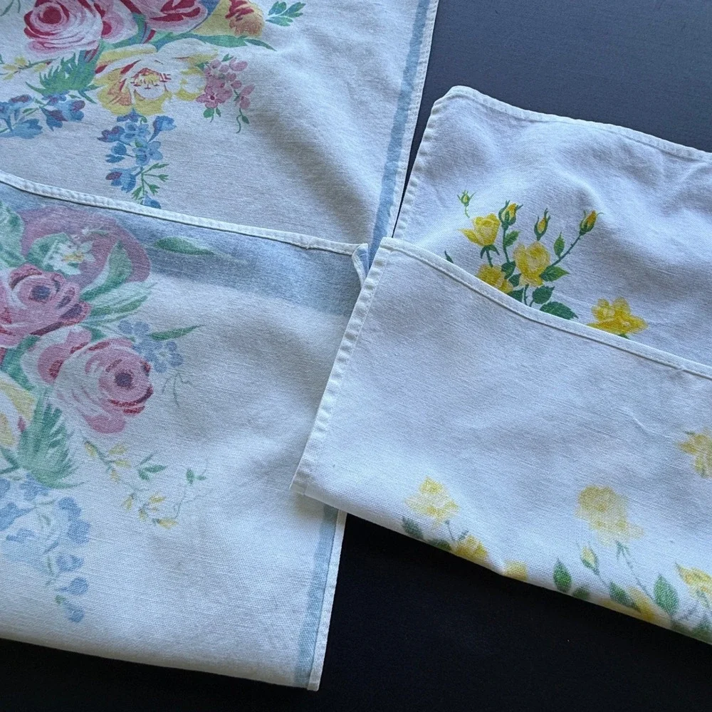 Vintage Floral Tea Towel Set Yellow Pink Blue Roses Kitchen Linens 2 Piece